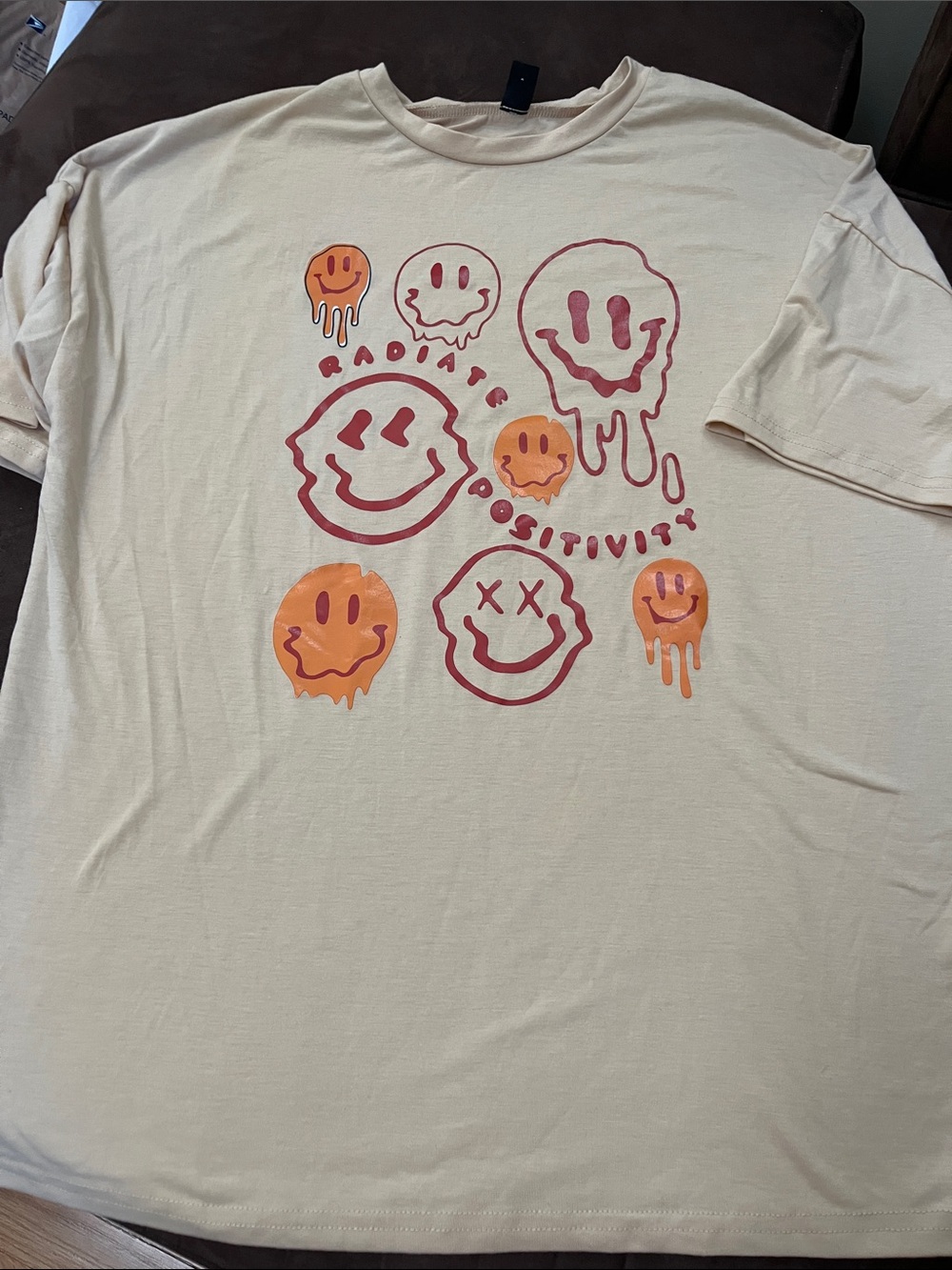 SHEIN Beige Short-Sleeve Tee with Orange & Red Smiley Prints